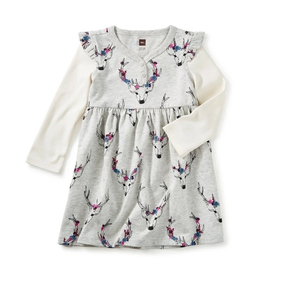 Tea Collection Gray Oh Deer Floral Long Sleeve Dress 18-24 Months